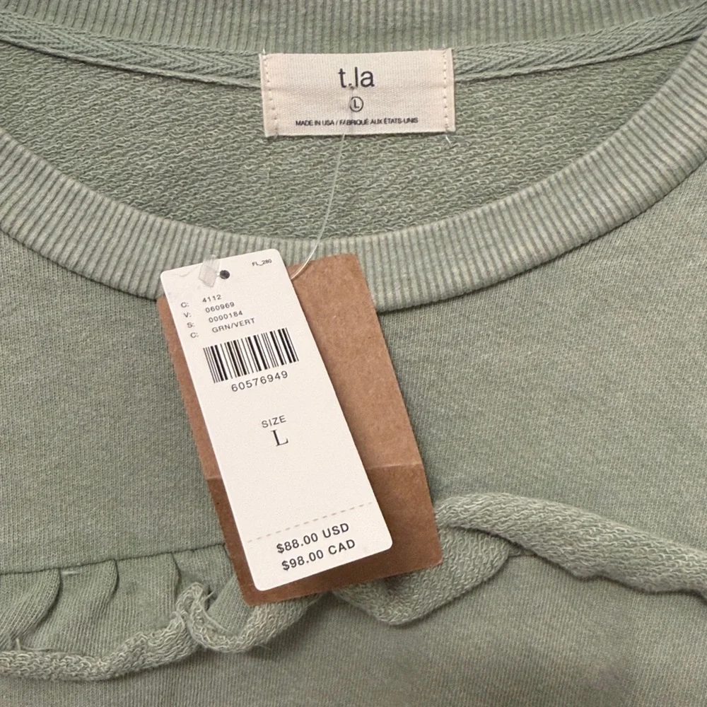 T.LA Anthropologie Green Distressed Ruffle Pullover Sweatshirt size‎ large NWT